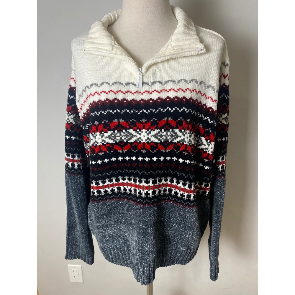 Carolyn Taylor Vintage 90s Fair Isle Quarter Zip Sweater Cream Red Black XL